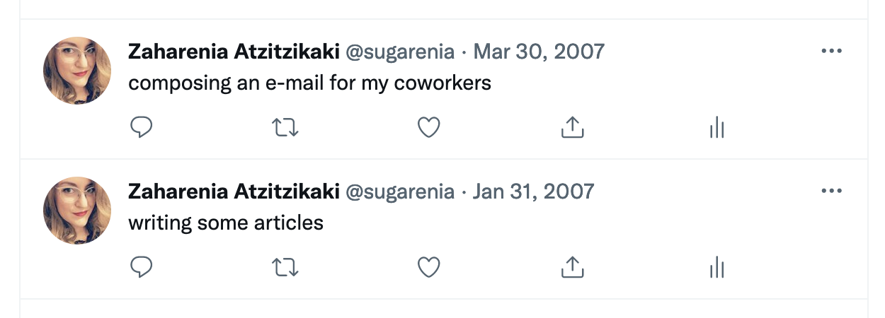 Screenshot of my first tweets